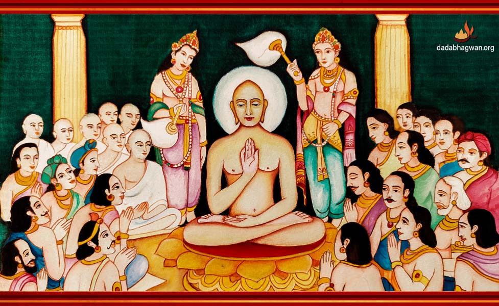 Painting of Sambhavnath Bhagwan addressing his disciples in the divine assembly